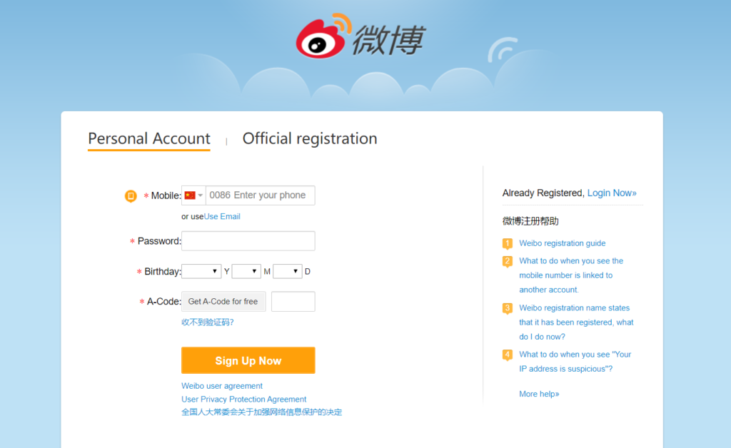 Apri account Weibo